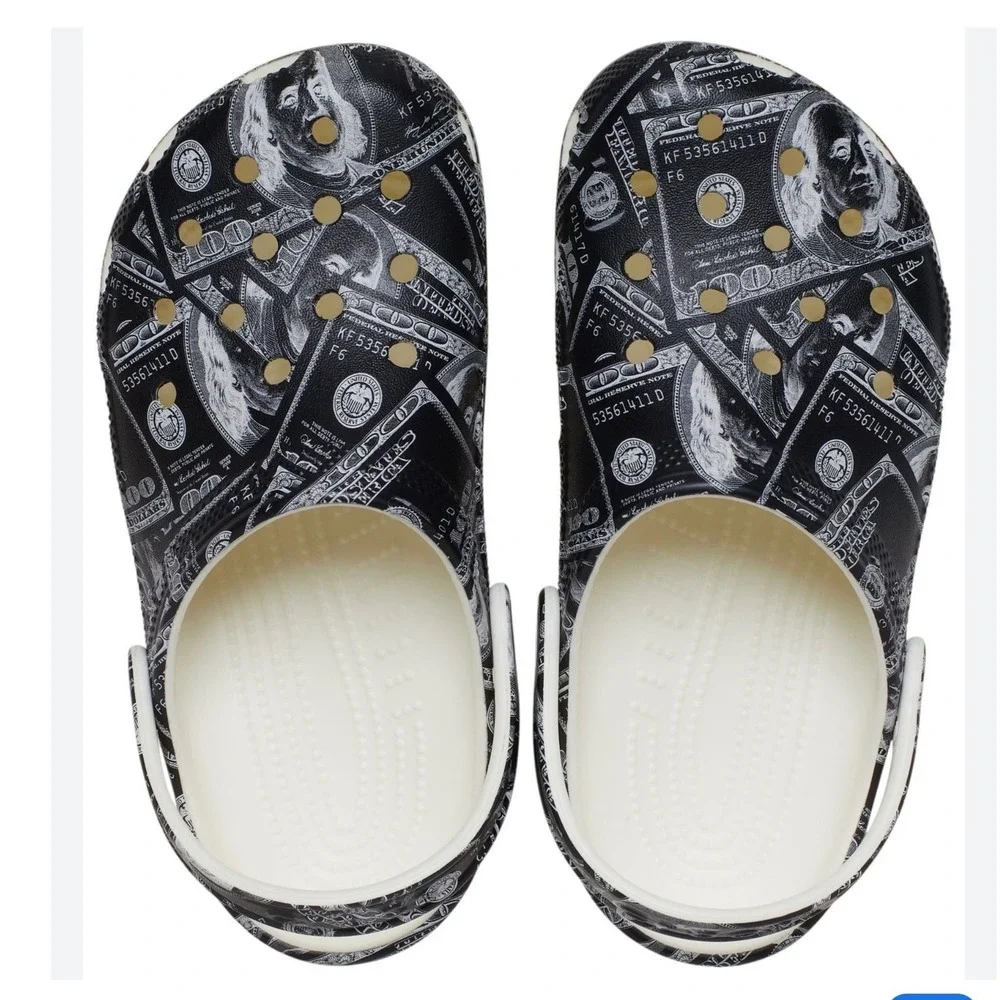 Crocs Classic Glow Money Clog K Kids J1 Black White $100 Bill 211592-3VN New